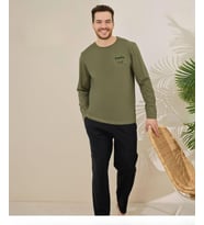 Pijamoni Erkek Pamuklu Bisiklet Yaka Uzun Kol İnce Pijama Takımı 6150/1 - 1 Adet (Haki)