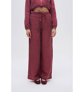 Kadın Bol Paça Bağcıklı Düz Renk Pantolon (Bordo)