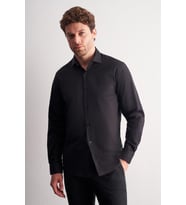 Siyah Yarım İtalyan Yaka Uzun Kol Slim Fit Pamuklu Gömlek 1004255189