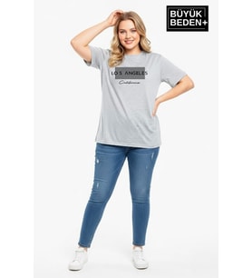 Kadın Büyük Beden Los Angeles Baskılı 3xl-6xl Bisiklet Yaka Tshırt SPR26BTSK510-18