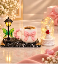 Sokak Lambalı 3D Pembe Fiyonklu Kupa ve LED Kalpli Beyaz Melekli Fanus Seti