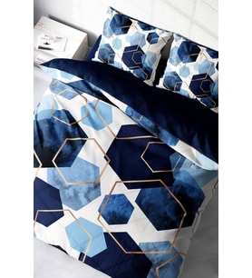 Lastikli Çarşaflı %100 Pamuk Saten Çift Kişilik Nevresim Takımı Blue Hexagon