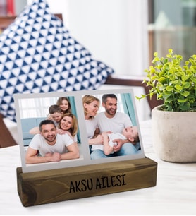BK Gift Kişiye Özel 2 Fotoğraflı Mesajlı Dekoratif Ahşap Stand