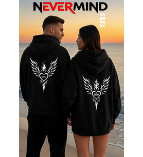 Sevgili Kombini 2’li Kapüşonlu Sweatshirt Seti – You & Me Tribal Desen Oversize Unisex (Siyah)