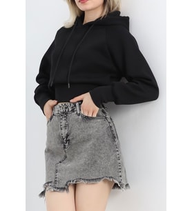 3 İplik Kapşonlu Crop Sweat Siyah - 20967.1878.