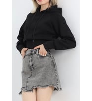 3 İplik Kapşonlu Crop Sweat Siyah - 20967.1878.