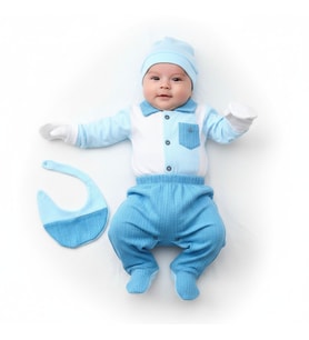 ERKEK BEBEK MİNİZEYN 0-3 AY ÖN CEPLİ DÜĞMELİ  5 Lİ SET %100 PAMUK (Ebru Mavi)