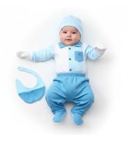 ERKEK BEBEK MİNİZEYN 0-3 AY ÖN CEPLİ DÜĞMELİ  5 Lİ SET %100 PAMUK (Ebru Mavi)