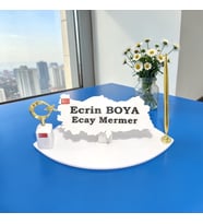 Sümen Ofis Doğal Beyaz Mermer İsimlik Haritalı Gold Tek Kalem ve Dikme Ay Yıldız