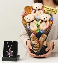 Doğum Günü Hediyesi Kişiye Özel Renkli LED Işıklı Peluş Ayıcık Buketi (Krem) ve Gerçek Ametist Taşlı Lotus Kolye