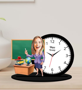 Kişiye Özel Karikatürlü Öğretmen Ahşap Biblo Masa Saati