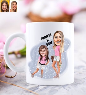 BK Gift Kişiye Özel Anne Kız Karikatürlü Beyaz Kupa Bardak-2