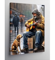 Kanvas Tablo Sokakta Gitar Çalan Adam Ve Köpeği