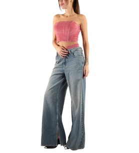Denim Bol Paça Pembe Bel Detaylı Pantolon