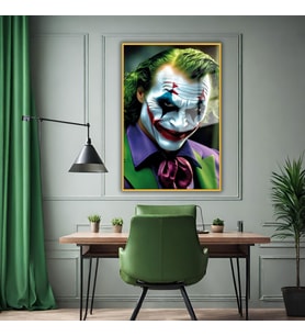 Metal Çerçeveli Cam Tablo Film Karakteri Yakın Çekim Joker (Gold)