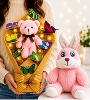 Büyük Boy LED Işıklı Pembe Ayıcıklı Renkli Kelebek Buketi ve Peluş Pembe Tavşan Hediye Seti