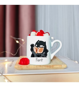 Batman Tasarımlı Ahşap Tabaklı Kişiye Özel Türk Kahvesi Fincanı