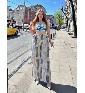 Baskılı Bağcıklı keten pantolon krem