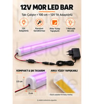 Luciole 100 CM ColorBar Mor LED Bar 12V 12W Adaptörlü Anahtarlı Yapışkanlı Tezgah Altı Dolap İçi Aydınlatma