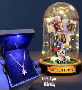 Işıklı Kutuda 925 Ayar Gümüş Lotus Kolye ve Size Özel Led Işıklı Fanus - Premium Set (Model 4)
