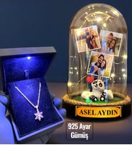 Işıklı Kutuda 925 Ayar Gümüş Lotus Kolye ve Size Özel Led Işıklı Fanus - Premium Set (Model 4)