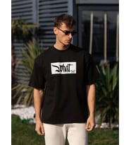 pilelistore- Unisex Bisiklet Yaka Baskılı Oversize T-Shirt - Siyah