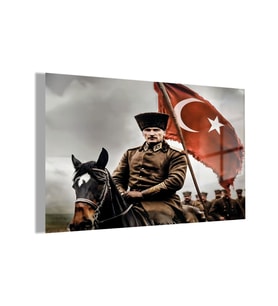 Temperli Gerçek Cam Yatay Ofis Duvar Tablosu Atatürk