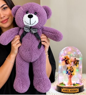 Kişiye Özel 3 Fotoğraflı Renkli LED Işıklı Fanus (şans melekli) ve 50 cm Büyük Mor Peluş Ayıcık