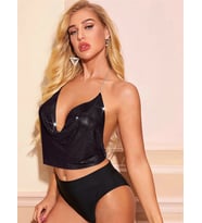 Pilelistore Parlak Siyah Crop & Bluz Kolsuz Kayık Yaka Zırh Büstiyer