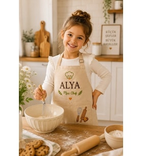 Kişiye Özel Nakışlı Çocuk Mutfak Önlüğü Mini Chef İsimli %100 Pamuk Kanvas Önlük