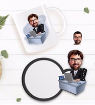 BK Gift Kişiye Özel Erkek Genel Müdür Karikatürlü Beyaz Kupa ve Ahşap Bardak Altlığı Hediye Seti-1