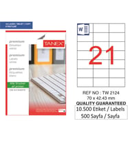 Tanex Lazer Etiket tw-2124 500 A4 Sayfa Laser Etiket 70 x 42,43 mm Boyutunda 1 A4 Sayfada 21 Etiket