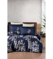 BASKILI SATEN ÇİFT KİŞİLİK NEVRESİM TAKIMI BAMBOO (Lacivert)