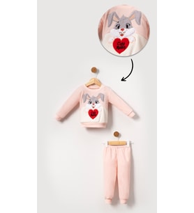 Tavşan Görselli Kız Bebek & Çocuk Polar Kışlık Alt Üst Takım-Somon