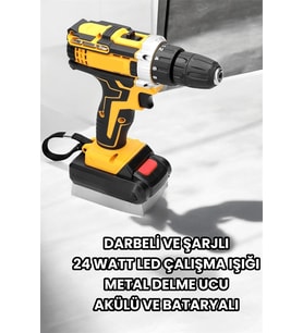 Metal Dişli 24w Akülü Matkap -çift Bataryalı Ve Led Çalışma Işığı İle Tam Set
