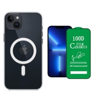 Vendas iPhone 14 Uyumlu ( iPhone 14 ) Magsafe Şarj Destekli Darbe Dirençli Fit Hard Silikon Kılıf + Seramik Nano Ekran Koruyucu (Renksiz)