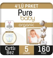 Pure Baby Organik Pamuklu Cırtlı Bez 4'lü Paket 5 Numara Junior 160 Adet (Yeşil)