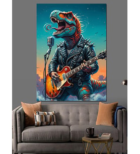 Gitar Çalan Dinozor Rex Dekoratif Kanvas - Mdf Ahşap Tablo