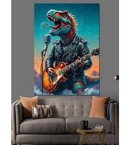 Gitar Çalan Dinozor Rex Dekoratif Kanvas - Mdf Ahşap Tablo