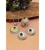 Kadın Telkari Oniks Taşlı Gümüş Set Kolye Küpe Yüzük 925 Ayar AKS-2003