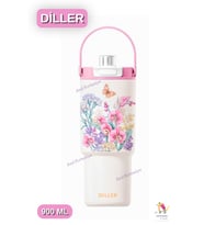 Vagonlife Diller 900 ML Desenli Çift İçim Pipetli / Pipetsiz Termos Taşıma Askılı Termos (Pembe)