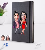BK Gift Kişiye Özel Sevgililer Karikatürlü Siyah Termo Deri Defter 16x24cm Model 4