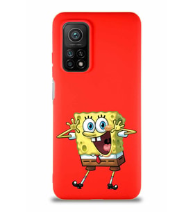Xiaomi Mi 10T Pro Soft Premier Kapak Sünger Bob Tasarımlı Silikon Kılıf - Kırmızı (Şeffaf)