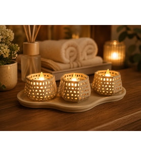 Northcity 3D Baskı Dekoratif Mumluk Seti - Desenli Tealight ve Masaüstü Aydınlatma Objesi-Bej