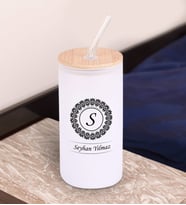 BK Gift İsimli Beyaz Renk Pipetli Buzlu Cam Bardak 600ml - 2, Arkadaşa Hediye, Doğum Günü Hediyesi