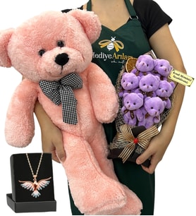 Kişiye Özel Hediye Seti - Renkli Anka Kuşu Kolyeli, 7'li Ayıcık Buketli ve Pembe Peluş Ayıcıklı Set (Model 4)