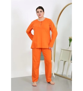 Kadın Büyük Beden Uzun Kol Penye Pijama Takımı Turuncu