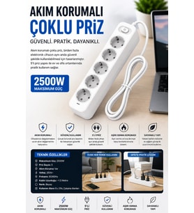 Akım Korumalı 5’li Çoklu Priz 2500W Güçlü Uzun Kablolu Güvenli Kullanım