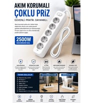 Akım Korumalı 5’li Çoklu Priz 2500W Güçlü Uzun Kablolu Güvenli Kullanım