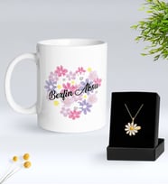 BK Gift Kişiye Özel İsimli Çiçek Tasarımlı Beyaz Kupa ve Papatya Kolye Hediye Seti - 17, Sevgiliye Hediye, Anneye Hediye, Arkadaşa Hediye